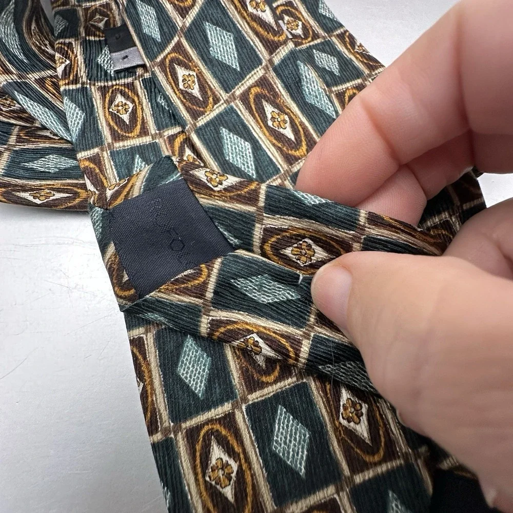Vito Rufolo Silk‎ Tie Mens Geometric Diamond Floral Teal Brown Handmade Italy